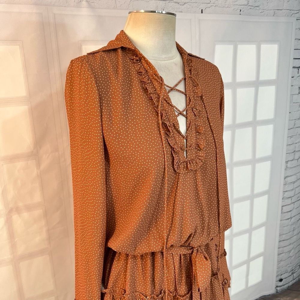 Alexis rozalyn tan spotted long sleeve lace up mini dress size small - Picture 4 of 12